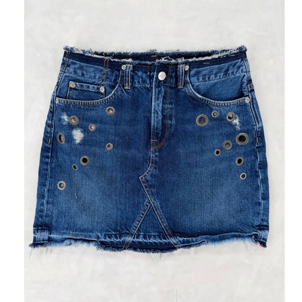 Pepe Jeans London Archive Revive Denim Mini Skirt Grommet Raw Hem Blue Womens M